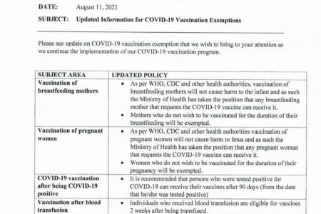 The first page of Chief Medical Officer Dr Narine Singh’s memo on new guidelines for vaccine exemptions