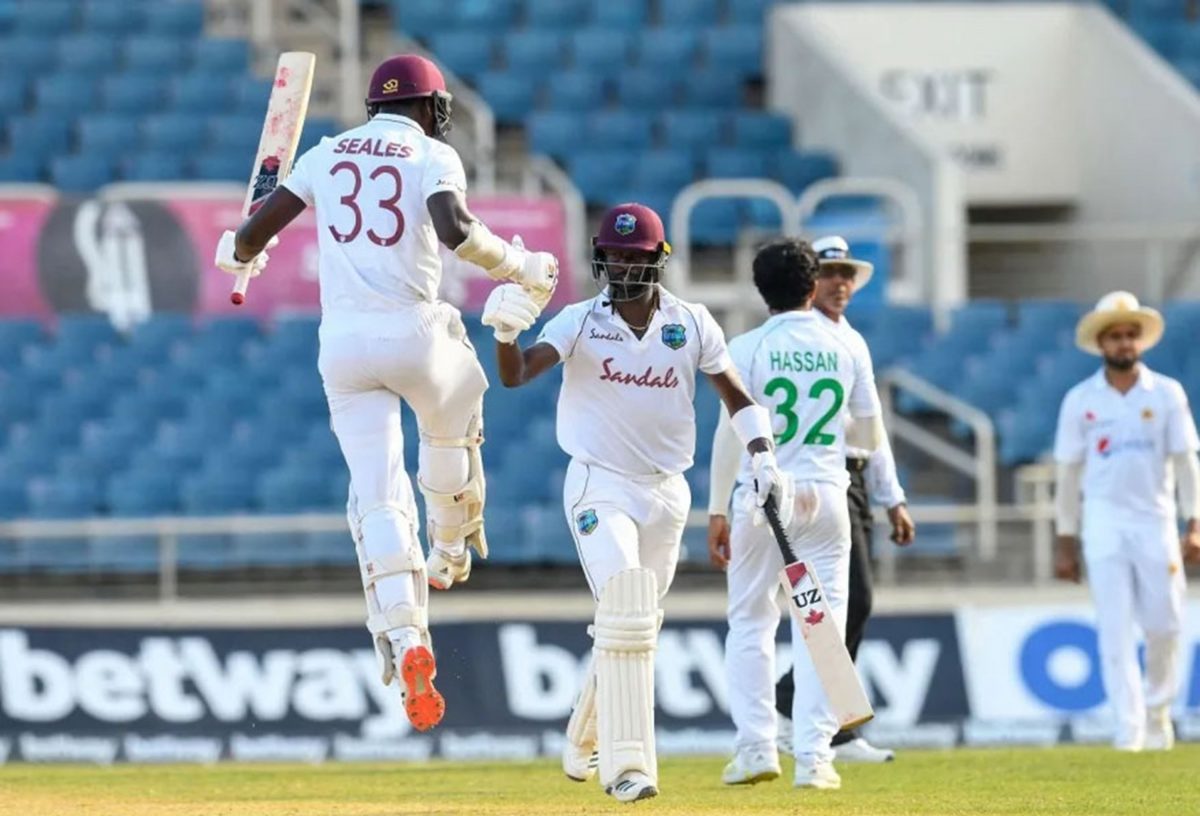Jayden Seales and Kemar Roach, the last-wicket heroes for West Indies  AFP/Getty Images
