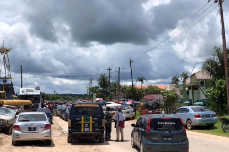 A line of traffic that formed at the Mackenzie/Wismar Bridge as a result of the blockage. 