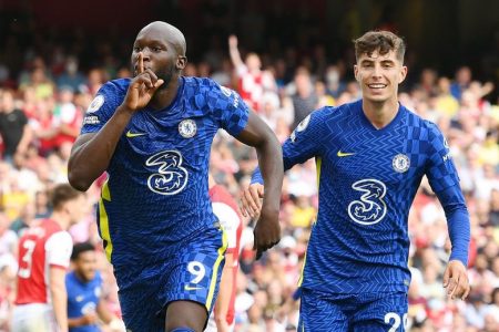 HUSH! Romelu Lukaku celebrates after scoring for Chelsea on his return to the club yesterday. (Photo Getty Images)