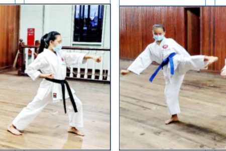  GKC potential kata team for the IKD World Cup 2022 in Guyana. Left to right: Latisha, Pauline, and Rose Moses show perfect form.
