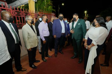 Private sector dinner: President Irfaan Ali (left of centre) and Suriname’s President Chandrikapersad Santokhi (right of centre) last evening attended a dinner at Palm Court organised by the Private Sector Commission. (Office of the President photo)
