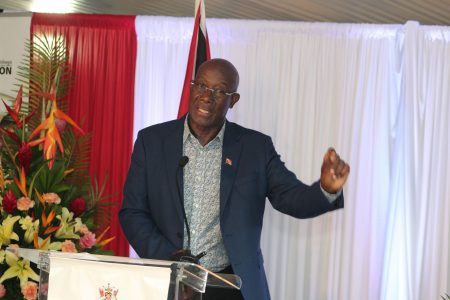 Prime Minister Dr Keith Rowley during his address at the handing-over ceremony for the newly-constructed San Juan Government Primary School yesterday.