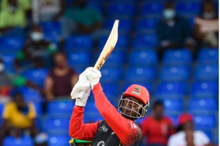 Guyana’s Sherfane Rutherford’s unbeaten half century enabled the St Kitts/Nevis Patriots to romp to their third straight win in this Year’s CPL tournament yesterday at the expense of the Guyana Amazon Warriors.(Photo courtesy Gordon Brooks-CPL T20/Getty Images)