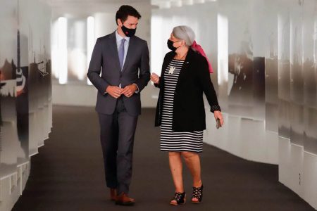 Canada’s Prime Minister Justin Trudeau walks to a news conference with Mary Simon to announce her as the next Governor General of Canada in Gatineau, Quebec, Canada July 6, 2021. REUTERS/Patrick Doyle