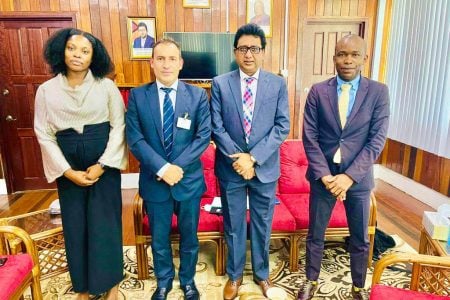 From left are Deputy Chief Parliamentary Counsel of the Ministry, Joann Bond; United Nations Office on Drugs and Crime Project Coordinator, Roberto Codesal; Attorney General and Minister of Legal Affairs,  Anil Nandlall, SC and CARICOM Implementation Agency for Crime and Security Coordinator, Callixtus Joseph.