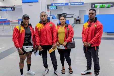 From left, Darius Ramsammy, coach Videsh Sookram, female handler and GBBFF executive Anita Stoll and Nicholas Albert were unable to join the other members of the Guyana delegation in El Salvador.