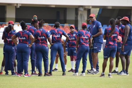 West Indies Women head coach, Courtney Walsh speaks to his charges.
