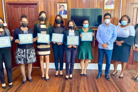 The six State Counsel who completed the Consolidation of Laws training programme are pictured along with Attorney General Anil Nandlall and State Counsel Dianne Woolford and Renee Sandiford