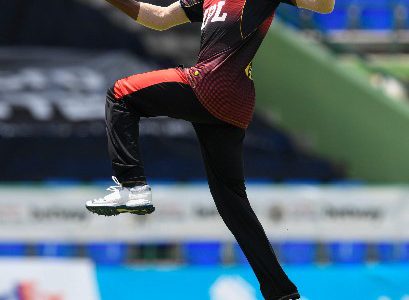 Akeal Hosein celebrates a wicket during TKR’s victory over Barbados Royals. (Photo courtesy CPL Media)
