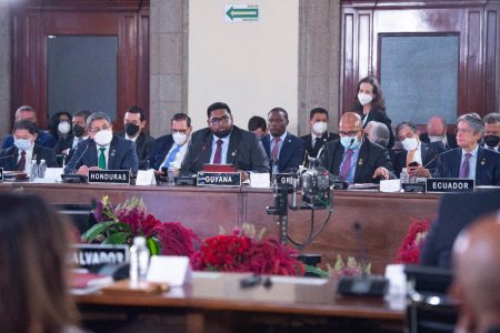 President Irfaan Ali (centre) speaking at the conference