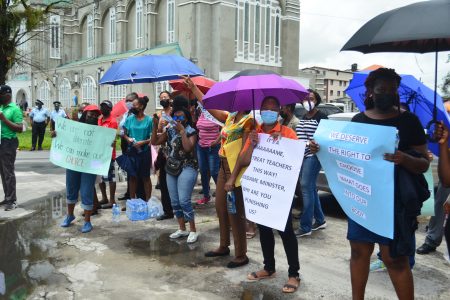 Teachers protesting outside of the Education Ministry offices on Brickdam yesterday. (Photo by Orlando Charles)