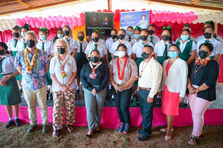 First Lady Arya Ali (centre) poses with the Minister of Education Priya Manickchand, British High Commissioner to Guyana Jane Miller and others at the launch of the Menstrual Hygiene Initiative at the St. Ignatius Secondary School in Region Nine (DPI photo)