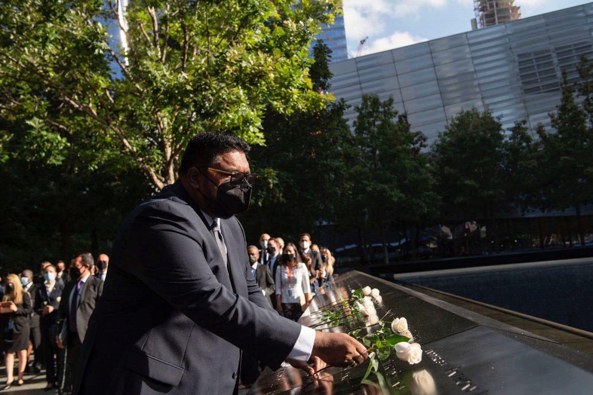 President Irfaan Ali yesterday morning attended a Memorial and Tribute Ceremony to commemorate the 20th anniversary of the 2001 September 11th attacks. 
The ceremony was held at the National 9/11 Memorial & Museum in Greenwich Street, New York. Around three dozen Guyanese perished in the 9/11 terrorist attacks.
President Ali and a team of Government officials are in New York for this week’s 76th Session of the United Nations General Assembly. (Office of the President photo)