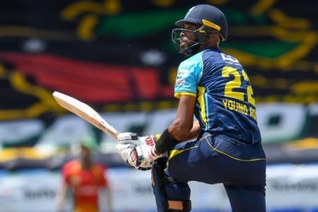 Roston Chase of St. Lucia Kings on the charge during his match winning innings of 85 against the Guyana Amazon Warriors (photo courtesy CPL)