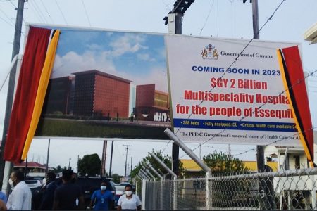 The billboard erected at the site of the $2B Suddie multi-speciality hospital, for which the sod was turned last Friday