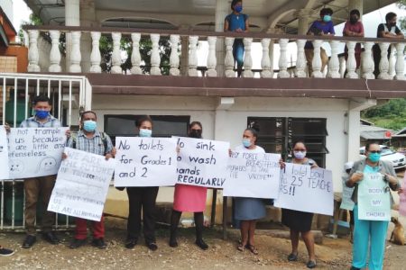 The teachers at Santa Rosa Primary, in the Moruca sub-Region of Region One, yesterday protested because of the school’s condition