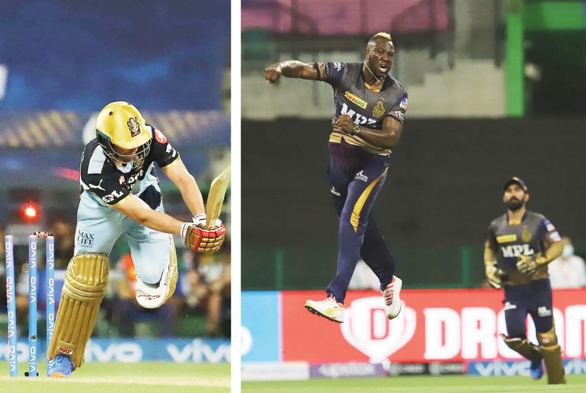 Andre Russell of Kolkata Knight Riders celebrates the wicket of AB de Villiers left, of Royal Challengers Bangalore during their IPL match yesterday. (IPL photo)

