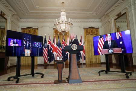 U.S. President Joe Biden delivers remarks on a National Security Initiative virtually with Australian Prime Minister Scott Morrison and British Prime Minister Boris Johnson, inside the East Room at the White House in Washington, U.S., September 15, 2021.  REUTERS/Tom Brenner