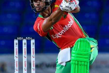 Brandong King of the Guyana Amazon Warriors plays exquisitely through the off-side on his way to a top score of 77 which helped the Warriors defeat the St Lucia Kings and stay in contention for a semi-final spot. (Photo courtesy Randy Brooks-CPLT20/Getty Images)