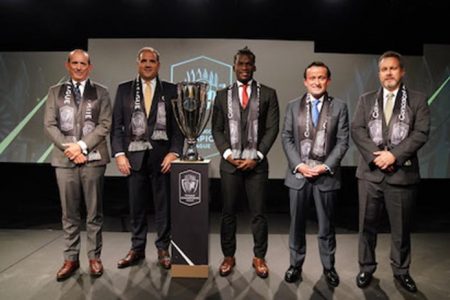 Concacaf president Victor Montigliani (second from left) is flanked by other Concacaf officials during the launch of the new Champions League format – Concacaf photo. 