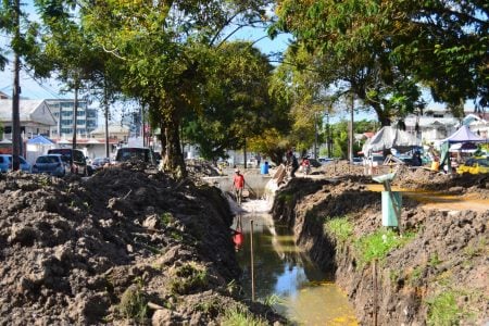 The Carmichael Street Avenue between Lamaha and Quamina streets undergoing major rehabilitation yesterday. (Orlando Charles photo)