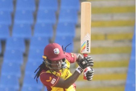 Deandra Dottin plays through the on-side during her 31 against South Africa Women yesterday. (Photo courtesy CWI Media) 