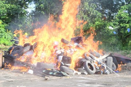The seized illicit drugs being destroyed during the operation yesterday morning (Guyana Police Force photo)