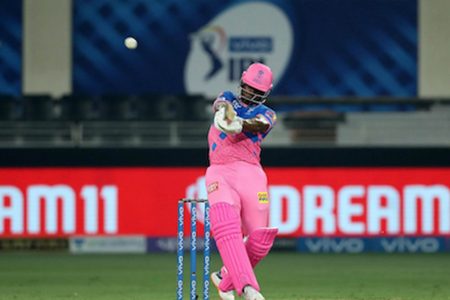 Evin Lewis swings into the leg-side during his 58 for Rajasthan Royals against Royal Challengers Bangalore in the IPL yesterday. (Photo by IPLT20) 