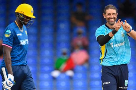 David Wiese celebrates after sending Royals skipper Jason Holder on his way during yesterday’s match at Warner Park. (Photo courtesy CPL Media)

