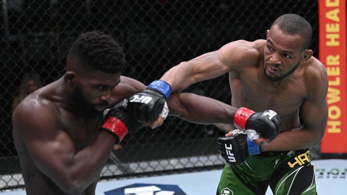 Carlston Harris (right) of Guyana unloads a right hand on American Impa Kasanganay enroute to his first round stoppage victory on the preliminary card of the Fight Night: Stann vs Smith event at the UFC Apex facility, Las Vegas, Nevada.