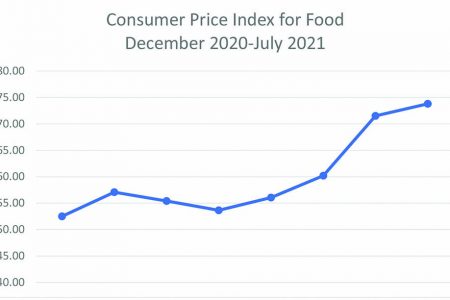A simple line chart showing the increasing cost of food over the period December 2020- July 2021 (Data Source Statistical Bureau of Guyana).
