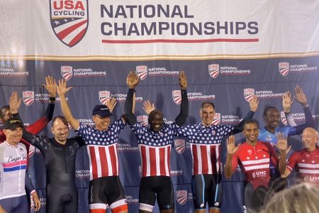 SWEET WIN! Guyana’s James Joseph says his win in the team sprint at the 2021 USA Masters Track Cycling Championships was especially sweet.