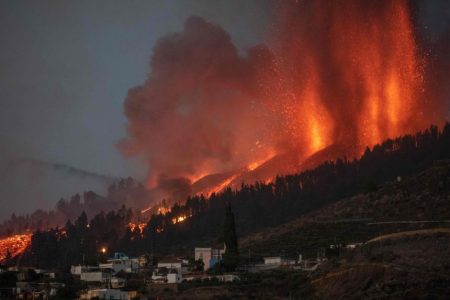 Mount Cumbre Vieja spewing out columns of smoke, ash and lava in La Palma, Spain, on Sept 19, 2021. PHOTO: AFP