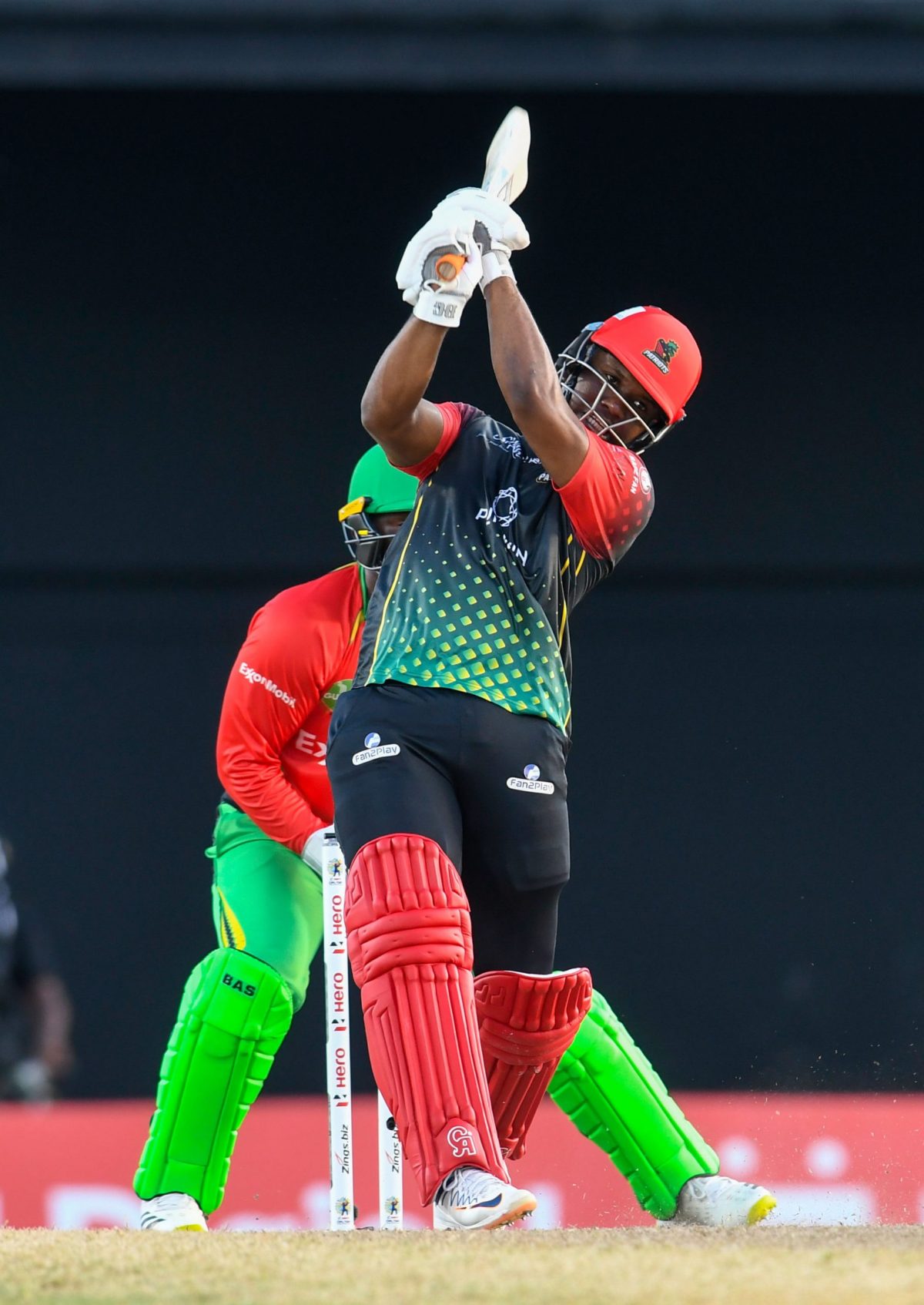 Evin Lewis hits out during his unbeaten half-century in the second semi-final against Guyana Amazon Warriors yesterday. (Photo courtesy CPL Media) 