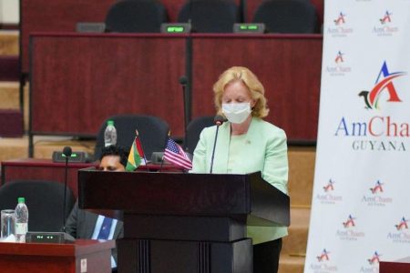 US Ambassador Sarah-Ann Lynch speaking at the AmCham forum (US Embassy photo)