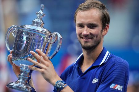 Daniil Medvedev of Russia celebrates with the championship trophy after his match against Novak Djokovic of Serbia (not pictured) in the men’s singles final on day fourteen of the 2021 U.S. Open tennis tournament at USTA Billie Jean King National Tennis Center. Mandatory Credit: Danielle Parhizkaran-USA TODAY Sports