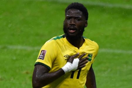 Shamarh Nicholson celebrates his goal against Mexico at the Azteca Stadium on Thursday. 