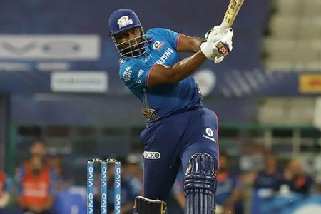 Kieron Pollard of Mumbai Indians on the go during the match between the Mumbai Indians and the Punjab Kings at the Sheikh Zayed Stadium, Abu Dhabi, United Arab Emirates yesterday. Photo by Faheem Hussain / Sportzpics for IPL