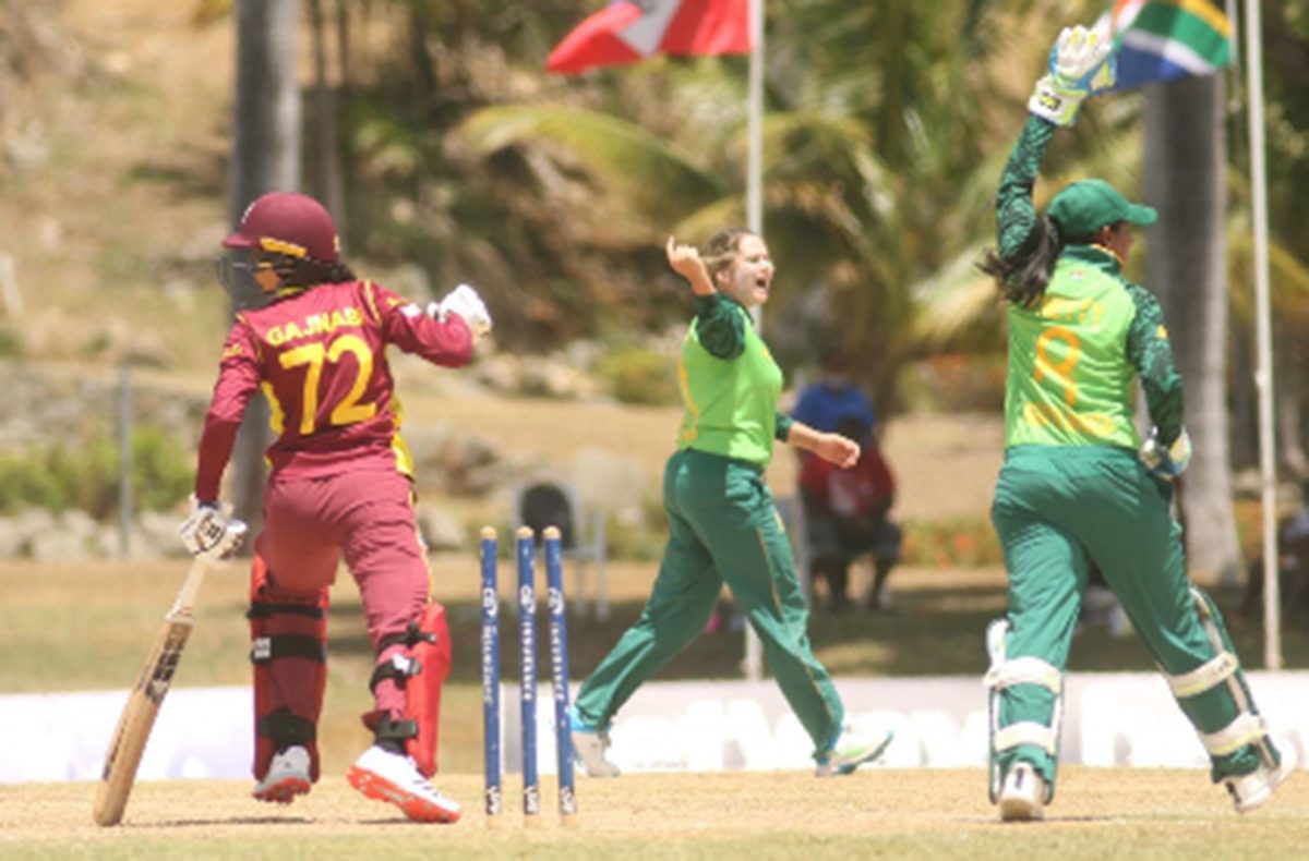 South Africa celebrate the dismissal of Shabika Gajnabi in yesterday’s second ODI at Coolidge. (Photo courtesy CWI Media) 