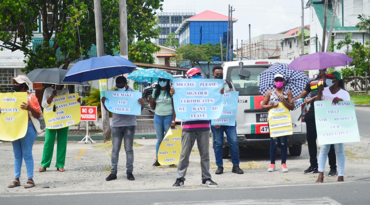 Teachers participating in one of the protests held by the Guyana Teachers’ Union on Friday (Orlando Charles’ photo) 