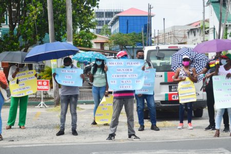 Teachers participating in one of the protests held by the Guyana Teachers’ Union on Friday (Orlando Charles’ photo) 