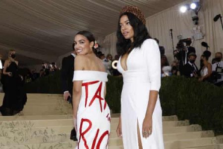 Alexandria Ocasio-Cortez in her outfit at the Met Gala