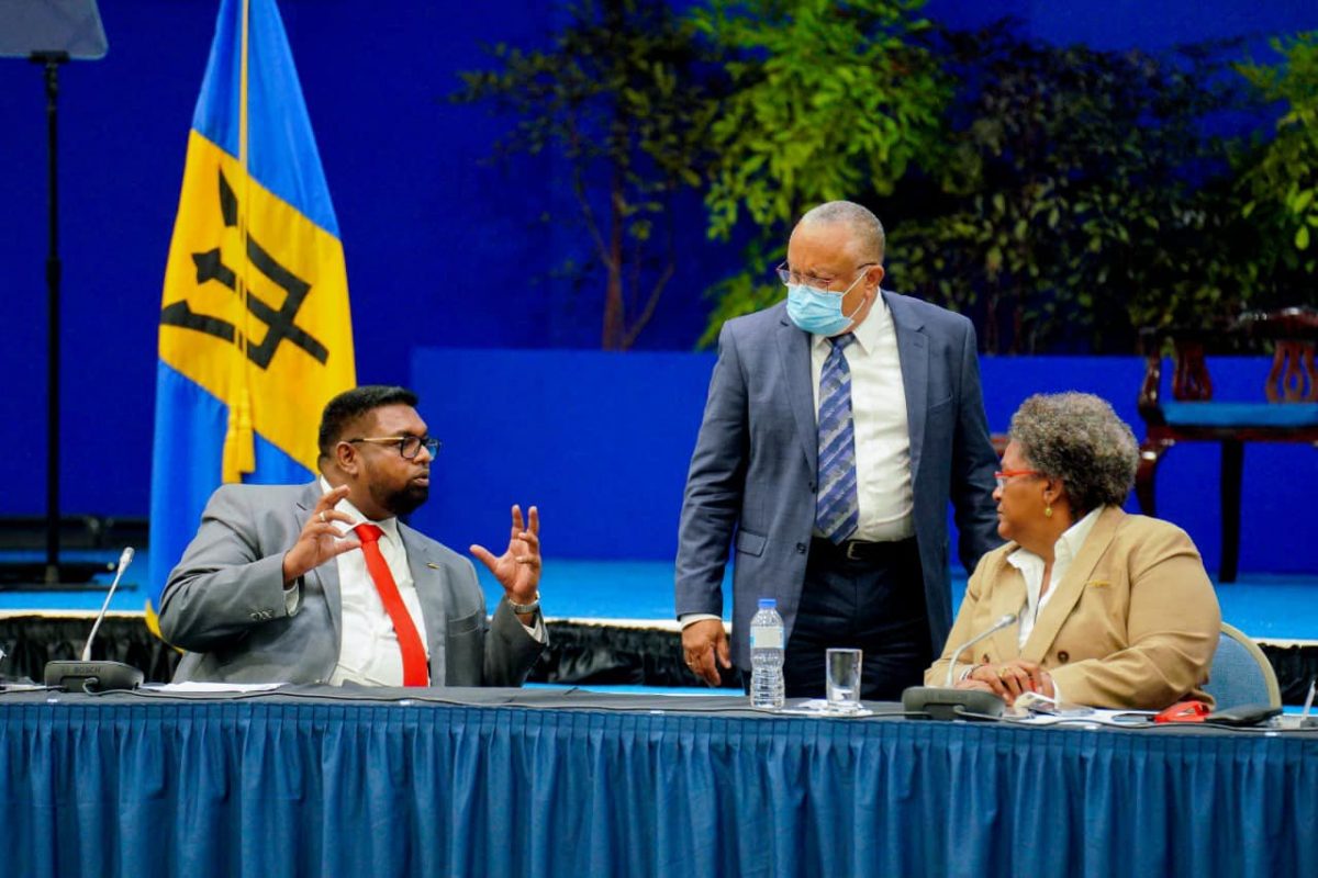 President Irfaan Ali with Barbados Prime Minister Mia Mottley at the United Nations Conference on Trade and Development in early October (Office of the President photo)
