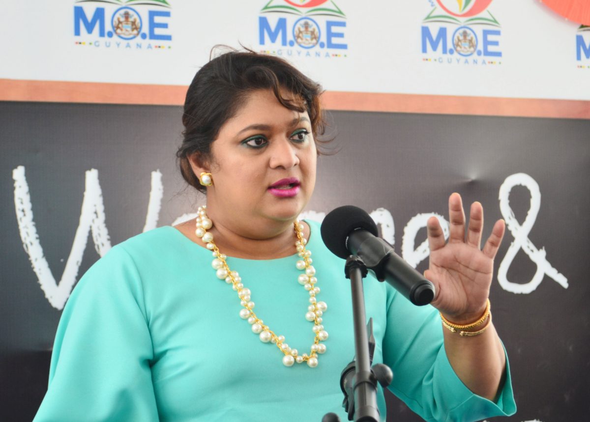 Minister of Education Priya Manickchand giving an address at the Teachers’ Welfare and Benefits programme in September (Orlando Charles Photo)
