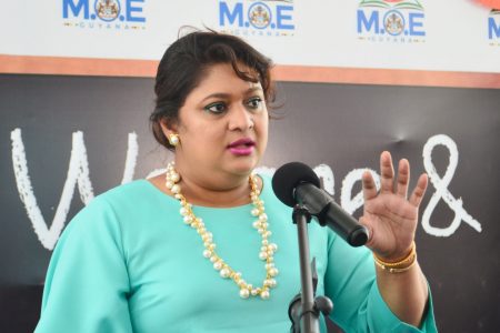 Minister of Education Priya Manickchand giving an address at the Teachers’ Welfare and Benefits programme in September (Orlando Charles Photo)