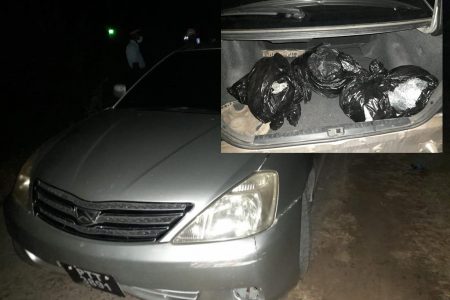 The impounded vehicle. Inset is the bags with packagaed cannabis found in the trunk (Guyana Police Force photos) 