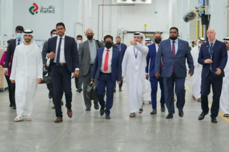President Irfaan Ali and other members of the Guyana delegation during a tour of the Abu Dhabi Ports facility in the UAE (Office of the President photo) 