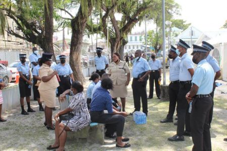 The Guyana Police Force’s Welfare Officer, Deputy Superintendent Jewel Sullivan, Sergeant Rodrigues and a team from the Welfare Department on Monday visited the ranks of the Brickdam Police Station who are now housed at the St. Stanislaus College compound.
A release from the police said that due to the traumatic events that occurred as a result of the devastating fire which destroyed the Brickdam Police Station complex on Saturday, Sullivan conducted a critical incident stress management and by extension a critical incident stress debriefing. (Police photo) 