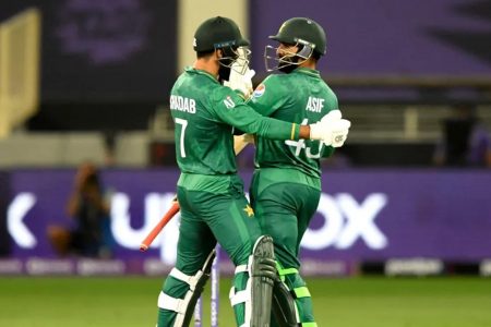 Asif Ali is being congratulated by Shadab Khan after his blistering knock of 25 runs from  a mere seven balls saw Pakistan overhaul Afghanistan’s target.
